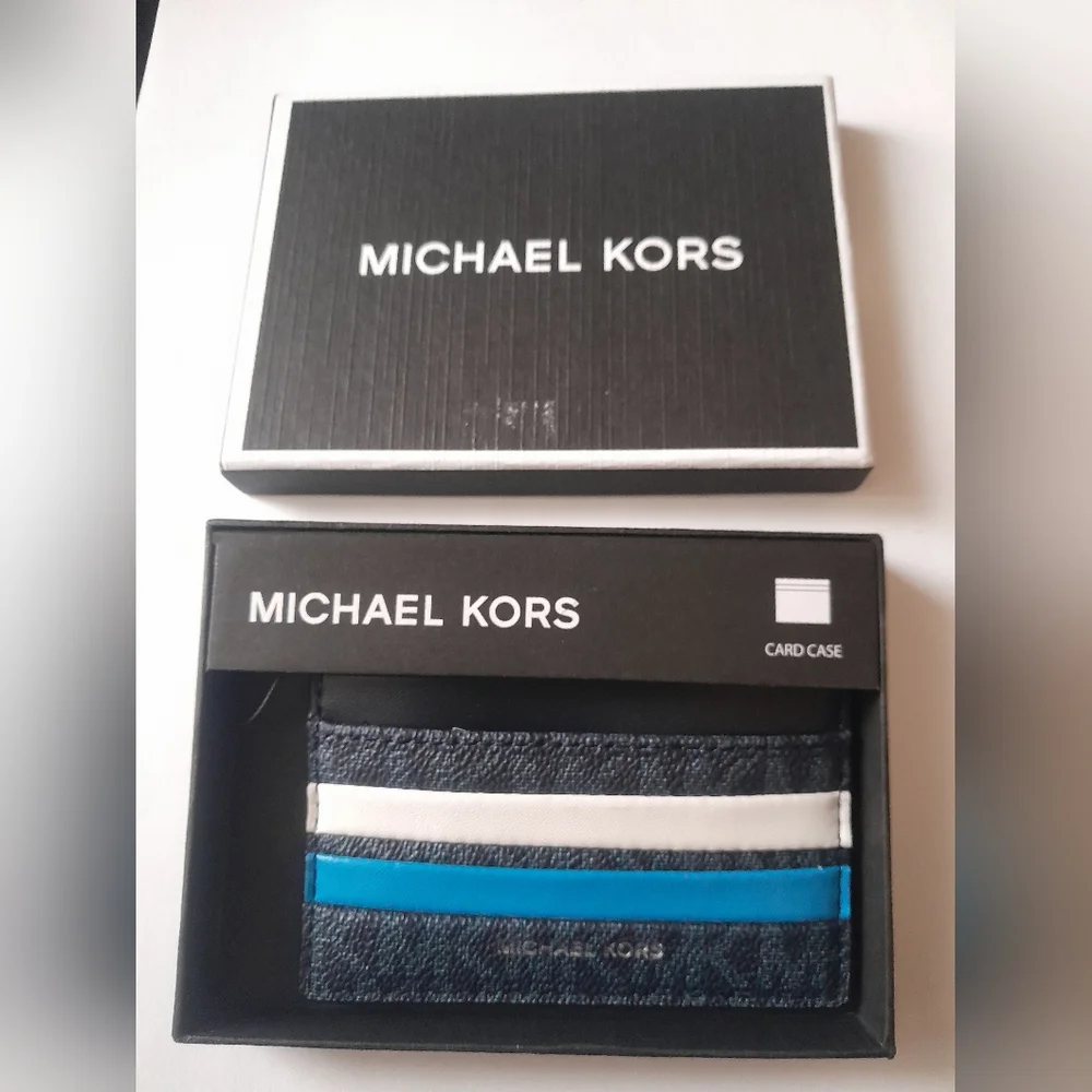 New Michael Kors Men's Card Case In Multi Blue ColorBlock NWT In Gift Box